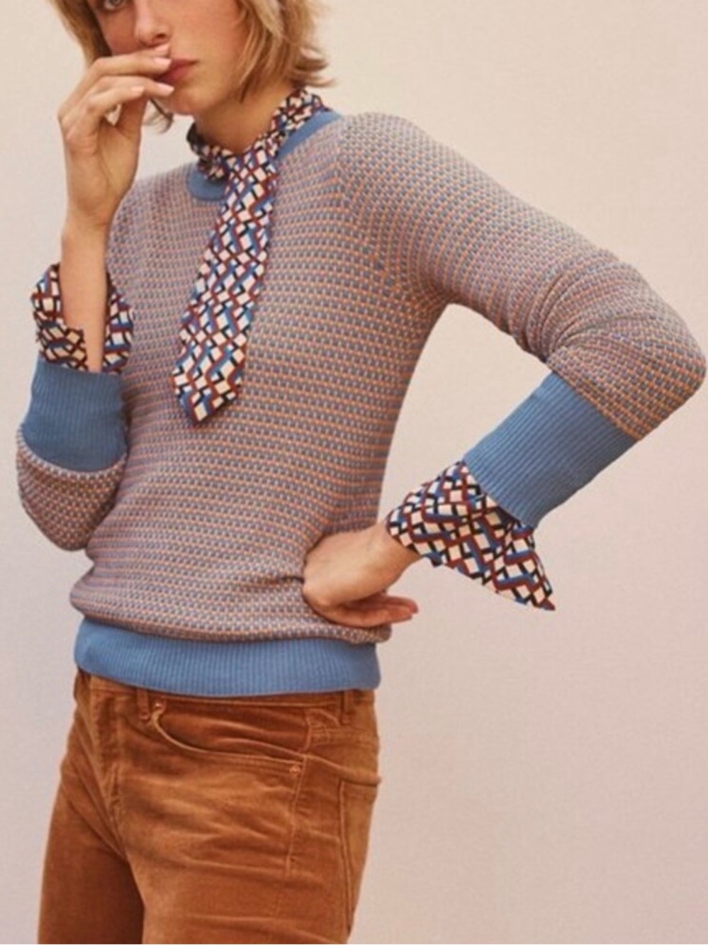 Zara Knit Sweater Vintage Look Blue Cream